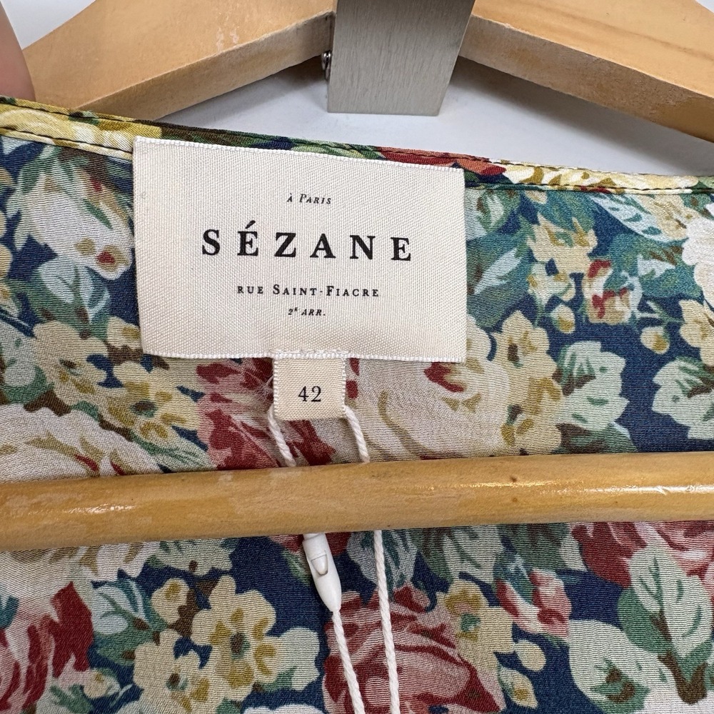 Sézane Yseline Shirt Alicante Blue Print Sz 42 Silk Floral Ruffle - Picture 5 of 13